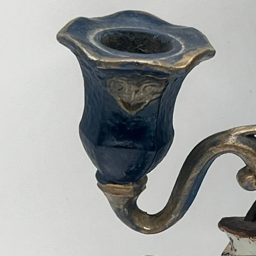 Vintage Nautical Sailing Ship Cast Metal Candelabra 3Arm Candle Holder Blue Gold